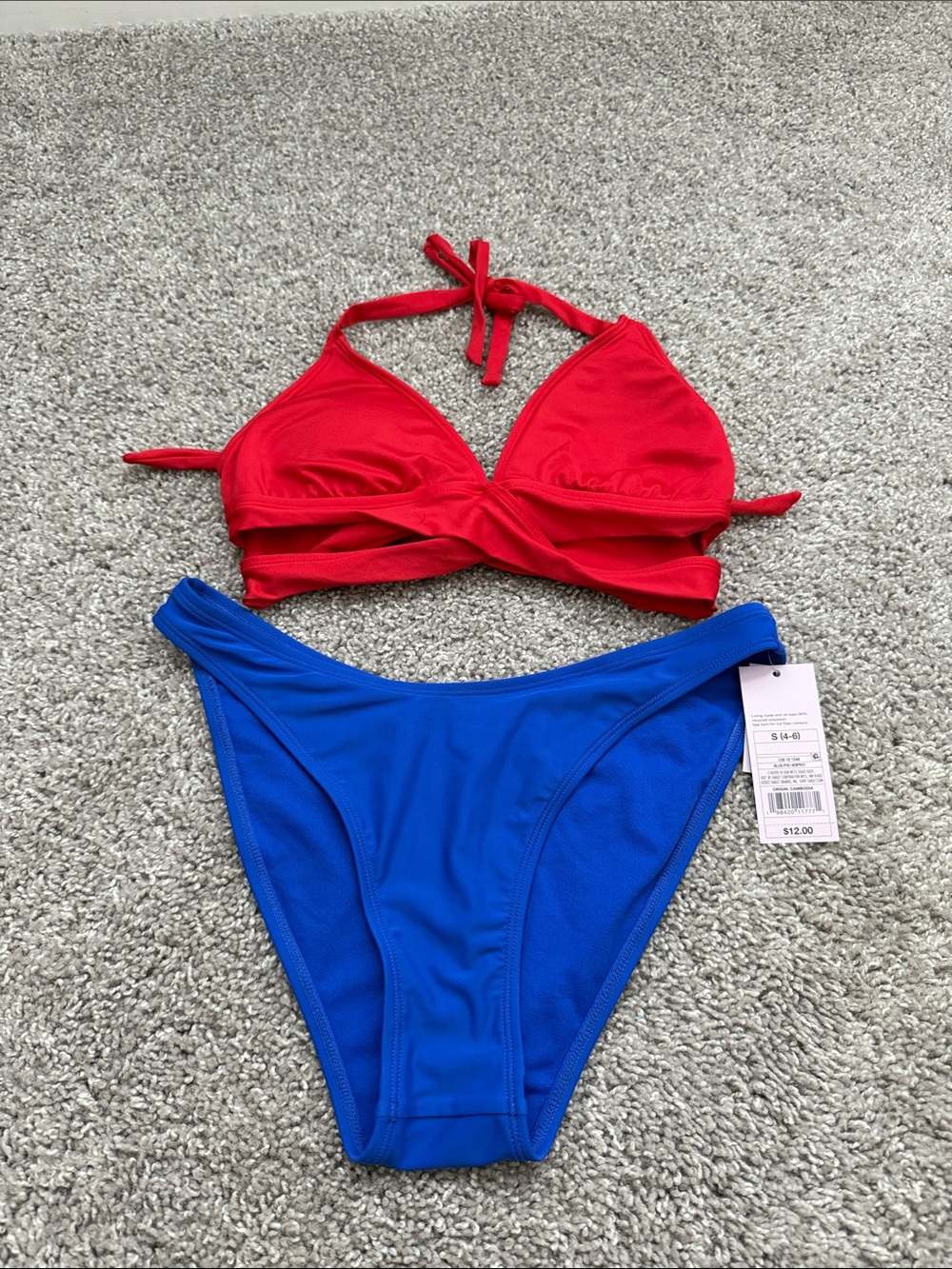 KONA SOL Red Halter Bikini Top with WILD FABLE Blue High-Cut Bottom